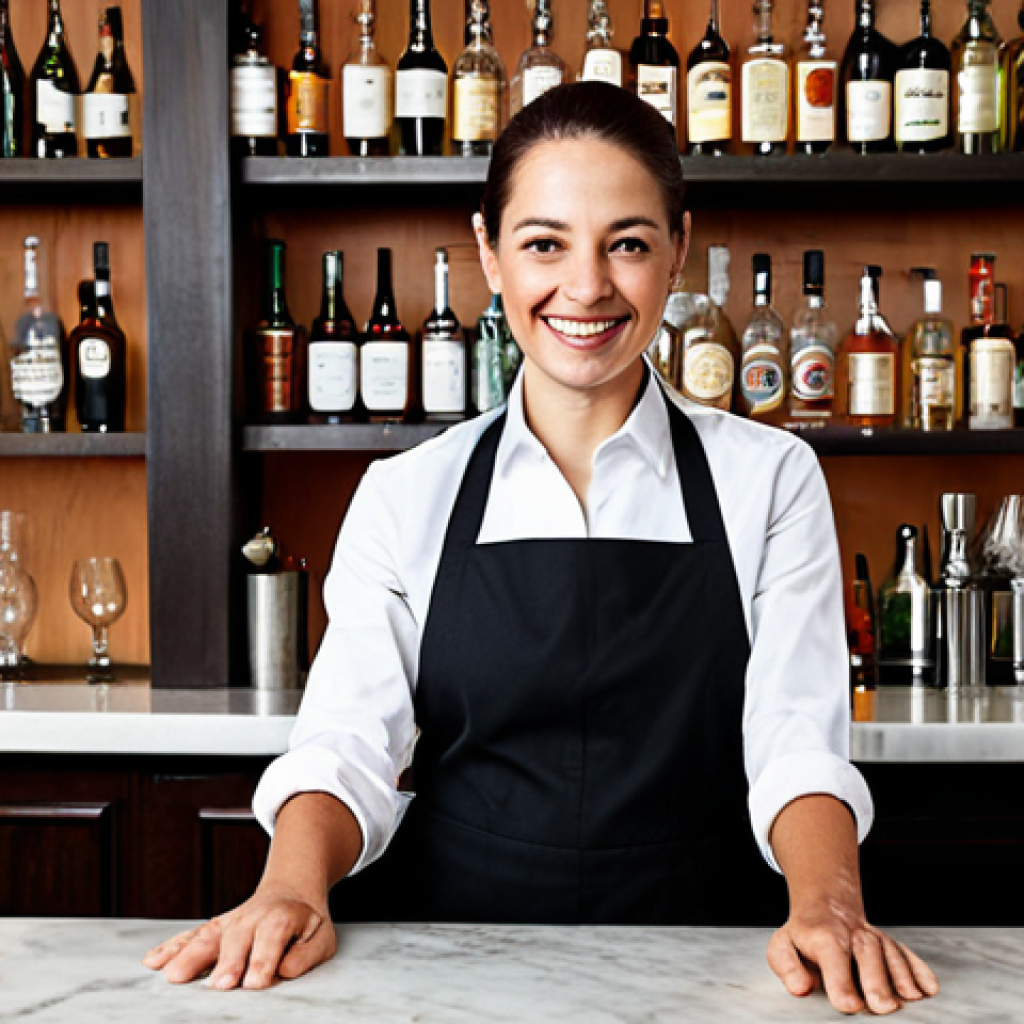 **

"A professional female bartender, fully clothed in a modest uniform, standing behind a well-lit bar with various bottles and glassware. She is preparing a cocktail with a smile, perfect anatomy, natural proportions, well-formed hands, proper finger count, safe for work, appropriate content, professional photography, high quality, family-friendly."

**