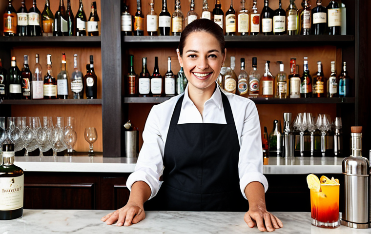 **

"A professional female bartender, fully clothed in a modest uniform, standing behind a well-lit bar with various bottles and glassware. She is preparing a cocktail with a smile, perfect anatomy, natural proportions, well-formed hands, proper finger count, safe for work, appropriate content, professional photography, high quality, family-friendly."

**